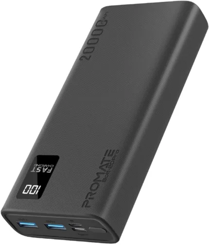 Promate Bolt-20Pro Portable High-Capacity 20000Mah Slim Power Bank, Dual USB Ports, 10W Type-C Input/Output Port, Smart LED Display, Safe Adaptive Charging for Smartphones