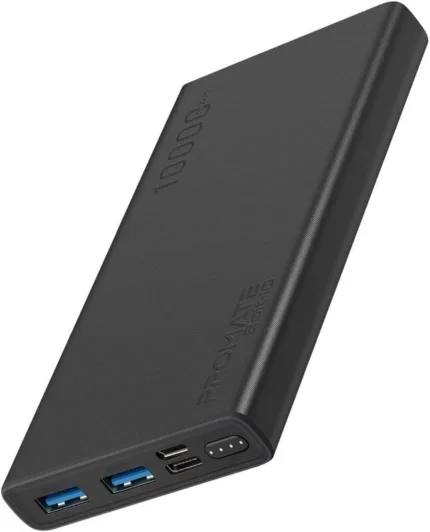 Promate Bolt-10 10000mAh Portable Fast Charging 2.0A Dual USB Premium Battery Power Bank, with Input USB Type-C Port, Over Charging Protection, Black