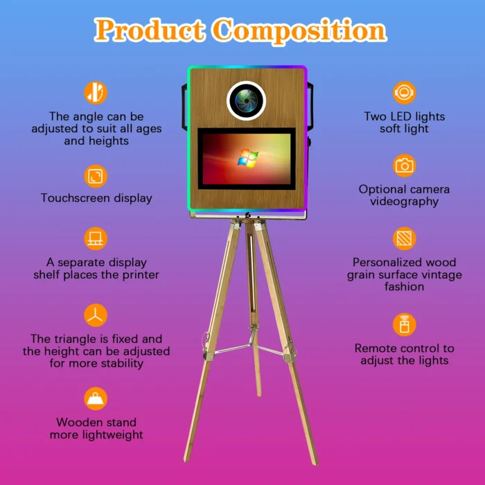 Xria Vintage Wooden Photo Booth with 15.6 inch Touch Screen Selfie Photobooth Compitable with DSLR Cameras for Weddings Parties anda Events - Image 8